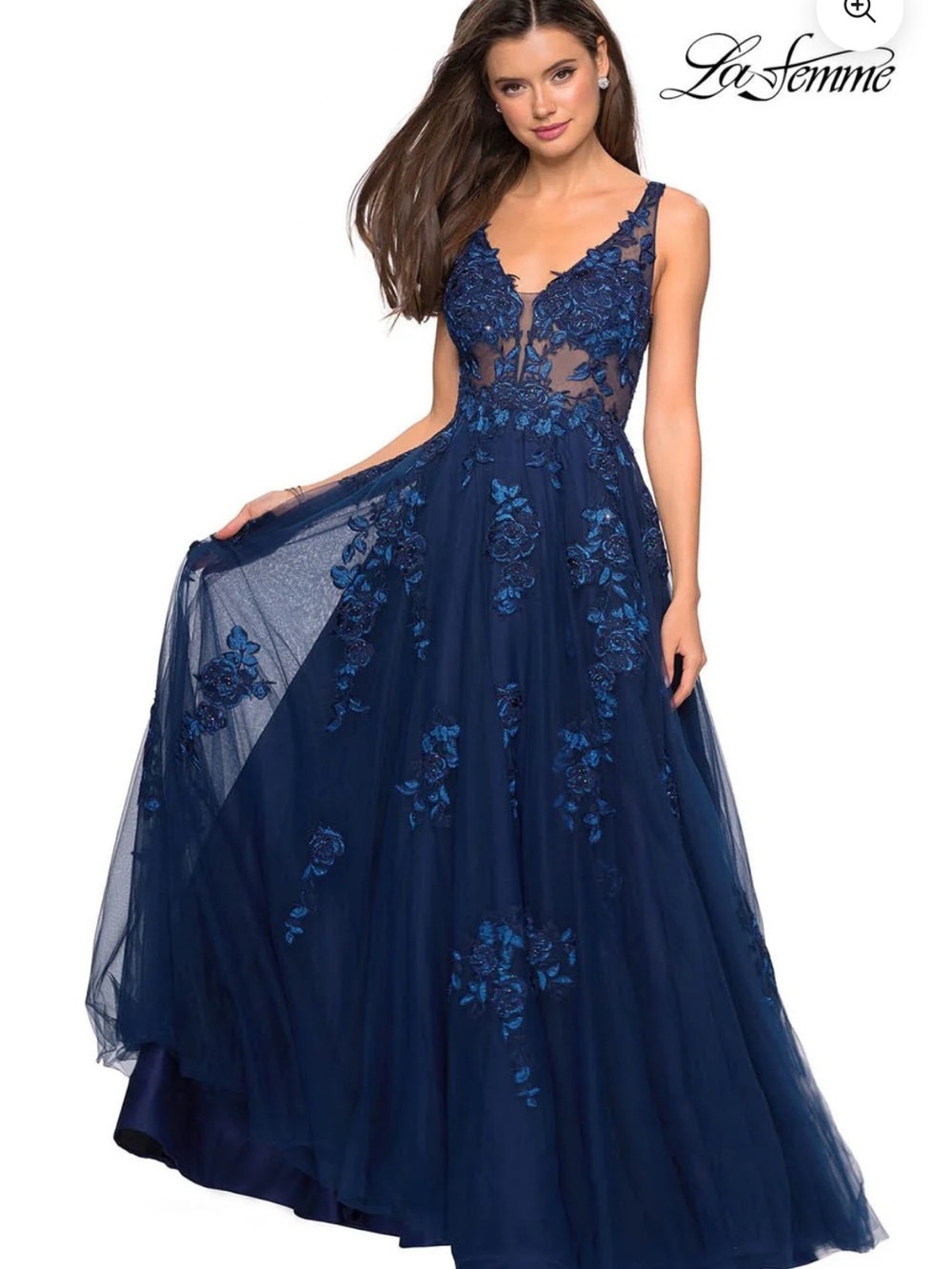 634. Gigi Designs by Lafemme Navy Blue Floral Appliqué Tulle Evening Gown